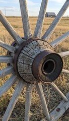 Close-up of a rustic wooden wagon wheel in a grassy field