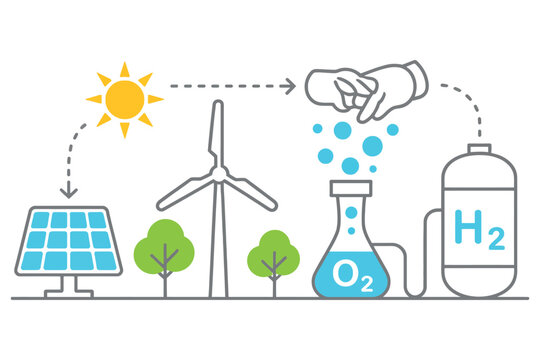 Renewable energy sources like solar and wind power are used to create hydrogen fuel.