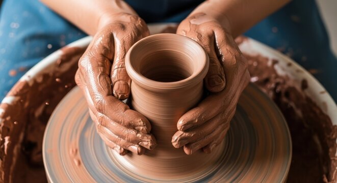 Crafting beautiful pottery on a spinning wheel in a workshop with skilled hands shaping clay