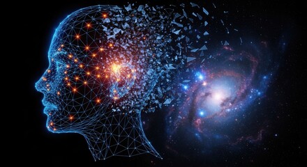 Human mind merging with cosmic ideas in a digital art representation of creativity and exploration