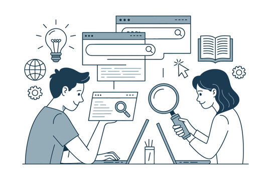 Two people collaborate on a digital project using laptops and search engines.