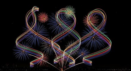 Colorful Light Trails and Fireworks Display on Black Background.