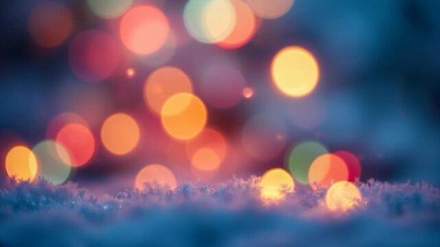 Colorful Christmas lights creating a bokeh effect on a blue background with gently falling snow - Powered by Adobe