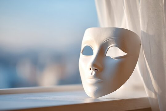 White masquerade mask on a windowsill