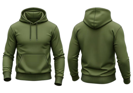 Front and back view of a plain olive green hooded sweatshirt with drawstrings and a kangaroo pocket isolated on a transparent background