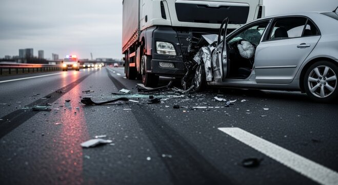 Highway collision between car and truck with emergency response in background