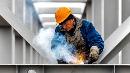 A man in a blue jacket is working on a metal structure, wearing a hard hat and gloves. Concept of hard work and dedication