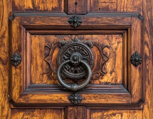 Close-up of a rustic wooden door with ornate metal hardware