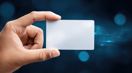 A person's hand holding a blank, white card against a bokeh and tech background