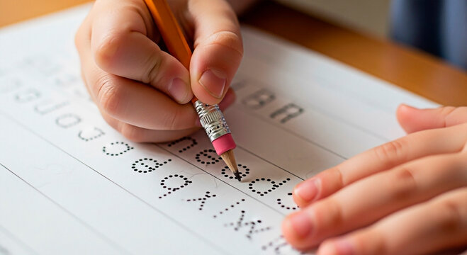 A child's hand writing with pencil on paper for the concept of learning.