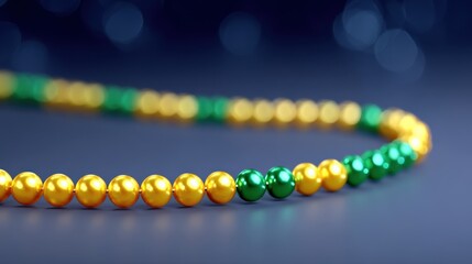 Colorful beads in vibrant green, yellow, and gold arranged in a festive pattern, symbolizing celebration and joy during a lively festival atmosphere