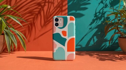 A phone case with a geometric pattern sits on a table. Shadowed background with plants