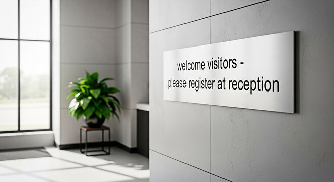 Reception sign with a indoor plants in building for the concept of hospitality and welcoming.