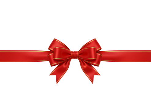 Luxurious red satin ribbon with elegant gold trim tied into a decorative bow, isolated on transparent background. Smooth glossy fabric ideal for gifting, festive graphics, packaging, banners, and cele