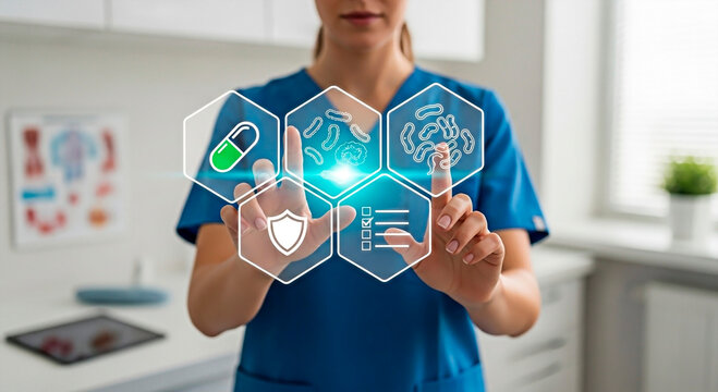 A doctor exploring and touch virtual medical interface for the concept of Medical technology.