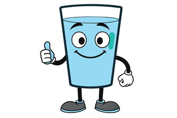 Cartoon water glass with a cheerful face gives a friendly thumbs up gesture