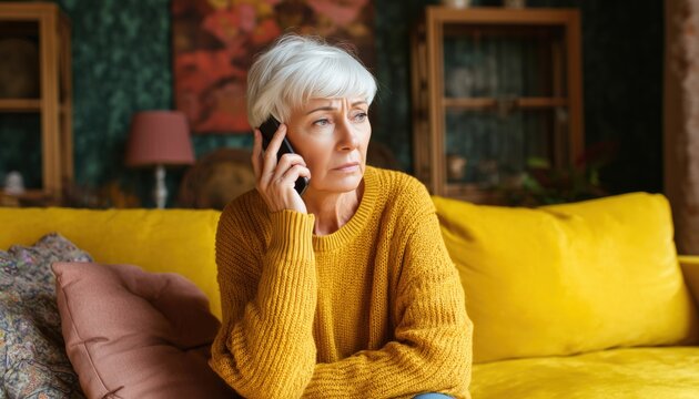 Aged Caucasian Businesswoman In Her 50s Receives Upsetting News On Phone At Home, Expressing Sadness And Worry.