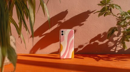 A phone with a colorful case sits on orange surface; surrounded by plants and shadows