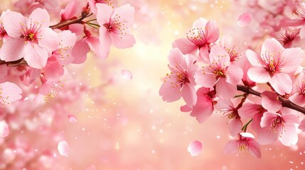 Fototapeta premium Pink cherry blossoms springtime floral background, website banner