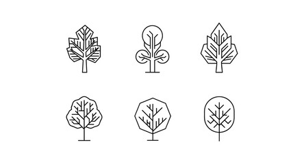 Minimalist tree icons in linear style for nature and environmental concepts