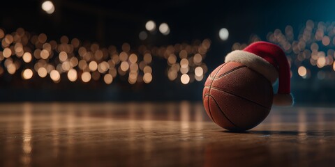 Basketball adorned with Santa hat resting on a shiny wooden court with bokeh lights, concept for holiday tournaments, festive sports events and seasonal marketing campaigns