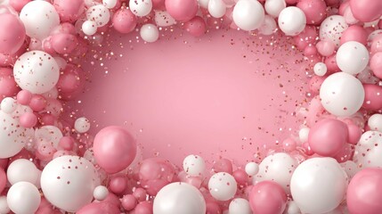 A pink and white balloon frame with glitter surrounds a pink center