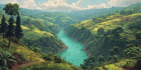 Scenic view of a winding river through lush green hills and terraced fields, concept for travel destination, environmental awareness and landscape photography