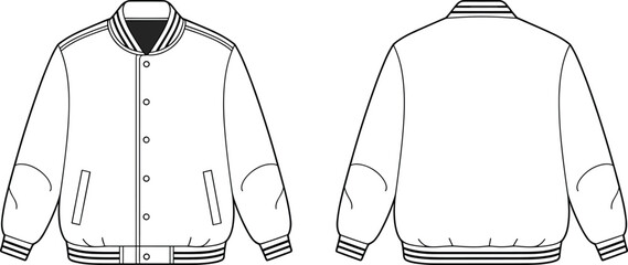 Unisex varsity bomber jacket technical flat sketch, front and back view, ribbed collar cuff hem, snap button closure