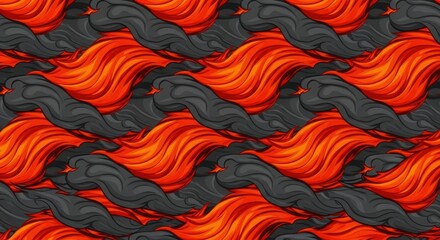 Interlocking abstract shapes of intense orange and dark gray form a repeating pattern design
