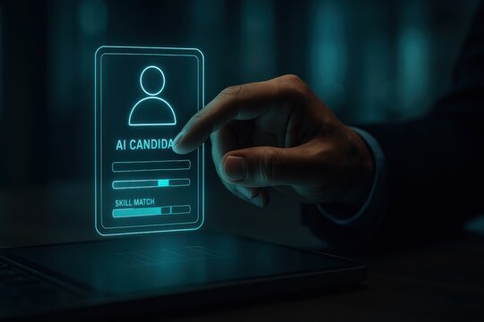 Business networking event showcasing ai technology and candidate skill assessment modern office digital innovation close-up perspective
