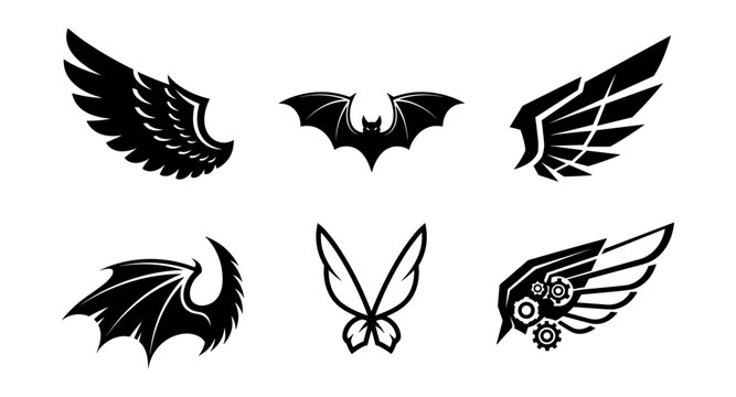 Set of unique wing designs: angel, bat, dragon, butterfly, gear-inspired in bold silhouette style