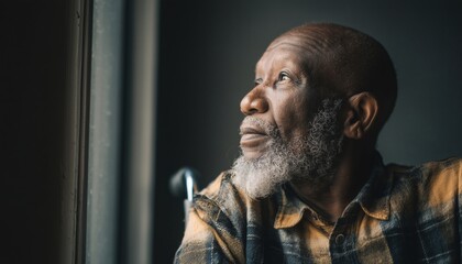 Elderly Patient Contemplating Deeply In Memories: African Elderly Man With Gray Beard Reflects In Wheelchair At Home Alone.