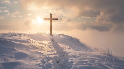 wooden cross stands on a snow-covered hill, illuminated by soft golden sunlight breaking through winter clouds. Faith light banner copy space. 