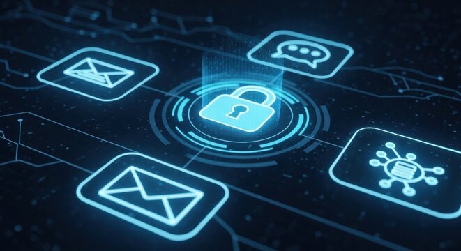Digital lock symbol in a futuristic design representing cybersecurity and data protection concepts in a tech environment