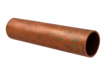 Copper pipe showing green oxidation and aged patina, a hollow metal tube for plumbing and industrial systems on transparent background