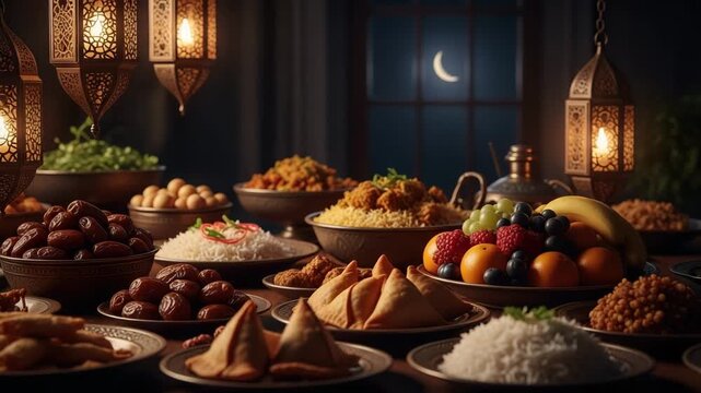 Delicious iftar meal with traditional dishes and lanterns for ramadan celebration