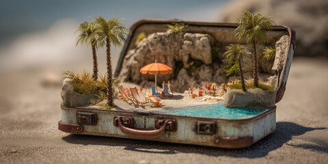 Miniature beach landscape inside vintage suitcase, featuring tiny palm trees, chairs and parasol concept for travel inspiration, vacation planning and creative travel promotions
