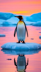 Obraz premium An emperor penguin stands on an ice floe in a tranquil sea at sunset. The sky displays vibrant hues of orange and pink, reflecting on the water's surface.