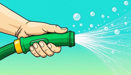 A hand holding a green garden hose with water spraying out. The background is a gradient of blue and green, suggesting a fresh outdoor setting.