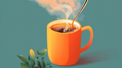 A cup of coffee with a spoon in it. The coffee is hot and steam is rising from it. The cup is orange and the spoon is silver. Concept of warmth and comfort