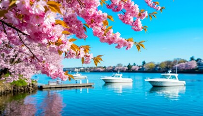 Cherry blossom trees in full bloom by a calm river. Three white boats are anchored near a wooden dock. The sky is clear and blue, reflecting a serene spring atmosphere.
