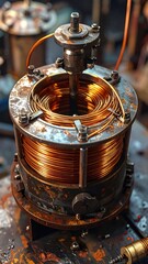 Close-up of a rusty, copper coil mechanism. Industrial aesthetic