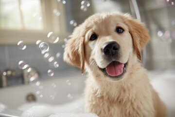 Joyful golden retriever puppy in a bubble bath looking at camera with open mouth, concept for pet care promotion, cheerful veterinary services and adorable animal companionship