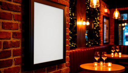 A cozy restaurant interior with brick walls, warm lighting, and empty tables. A blank picture frame hangs on the wall, creating a welcoming atmosphere.