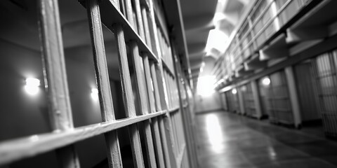 Black and white shot of prison bars and cells extending into the distance, concept for crime illustration, criminal justice reform and incarceration issues