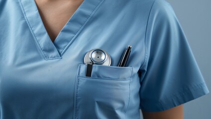 Medical professional in blue scrubs with stethoscope and pen in pocket, close up