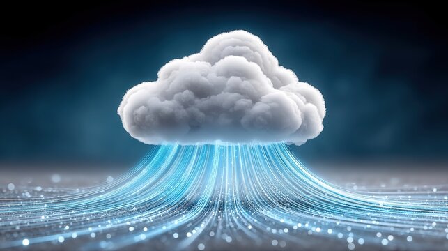 futuristic cloud data streams cascading in glowing blue fibers over dark background, pulsing particles and circuit trails symbolizing high-speed connectivity,