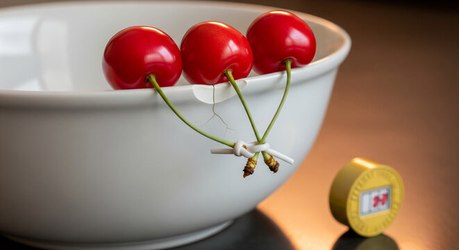 Three Cherries Hanging from a Bowl with a Weight Indicator
A creative, minimalist still life focusing on three bright red cherries