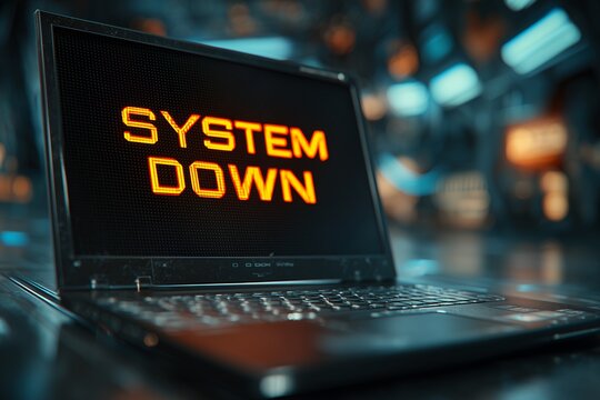 Laptop displaying 'SYSTEM DOWN' message on its screen with blurred urban background, concept for cybersecurity vulnerability, critical infrastructure alert and software malfunction