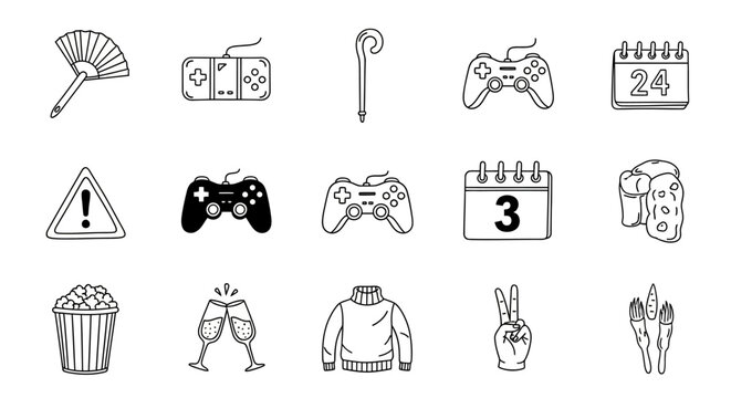 Minimalist icon set featuring gaming controllers, calendars, and everyday objects